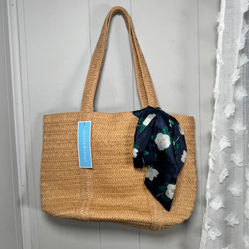 Draper James Everyday Straw Bag Tote With Floral Scarf Preppy‎ Beach Summer New